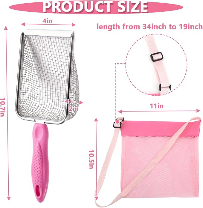 fethwoin 2Pcs Shark Tooth Sifter with 2Pcs Mesh Shell Bags, Beach Sand Sifter, Sea Shell Scooper for Beach, Sand Beach Toys for Kids, Medium, Pink