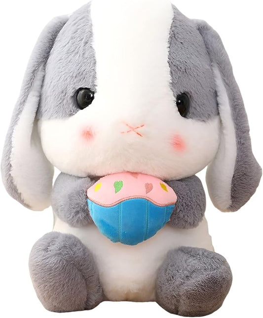 HOUPU Soft Toy - Sitting Lop Eared Rabbit, Easter White Rabbit Stuffed Bunny Animal with Carrot Soft Lovely Realistic Long-Eared Standing Pink Plush Toys (Ash White-Cake,12.5in/32cm)