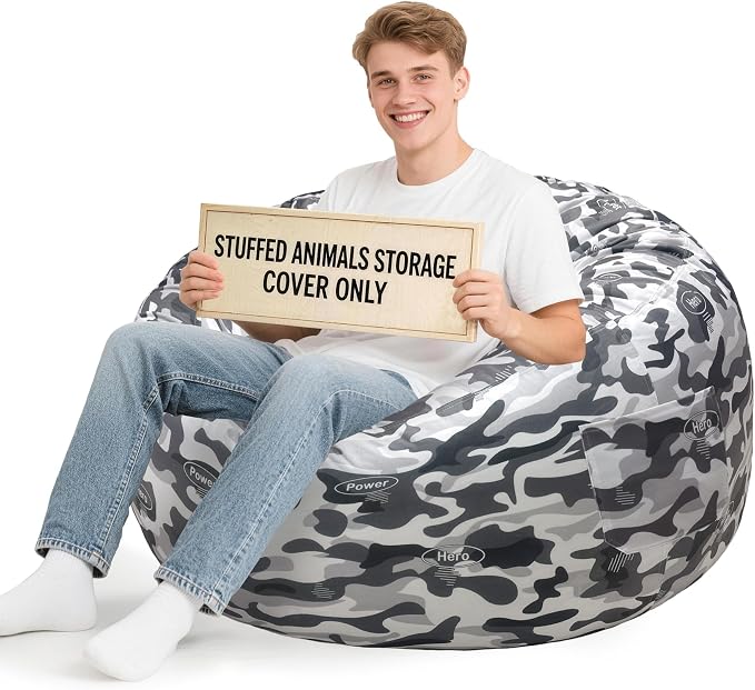 Lukeight Camo Stuffed Animals Storage Bean Bag Chair Cover for Adult Teen, Cozy Velvet Plush Toy Organizer Seat, Cover Only, No Filling Included, Long YKK Zipper, Side Pocket, XXX-Large 42 x 23 in
