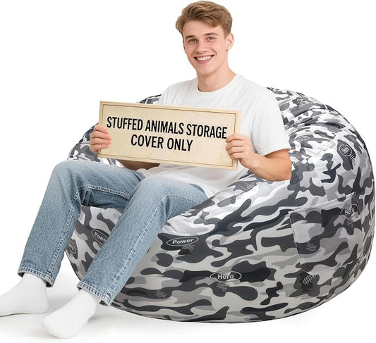 Lukeight Camo Stuffed Animals Storage Bean Bag Chair Cover for Adult Teen, Cozy Velvet Plush Toy Organizer Seat, Cover Only, No Filling Included, Long YKK Zipper, Side Pocket, XXX-Large 42 x 23 in