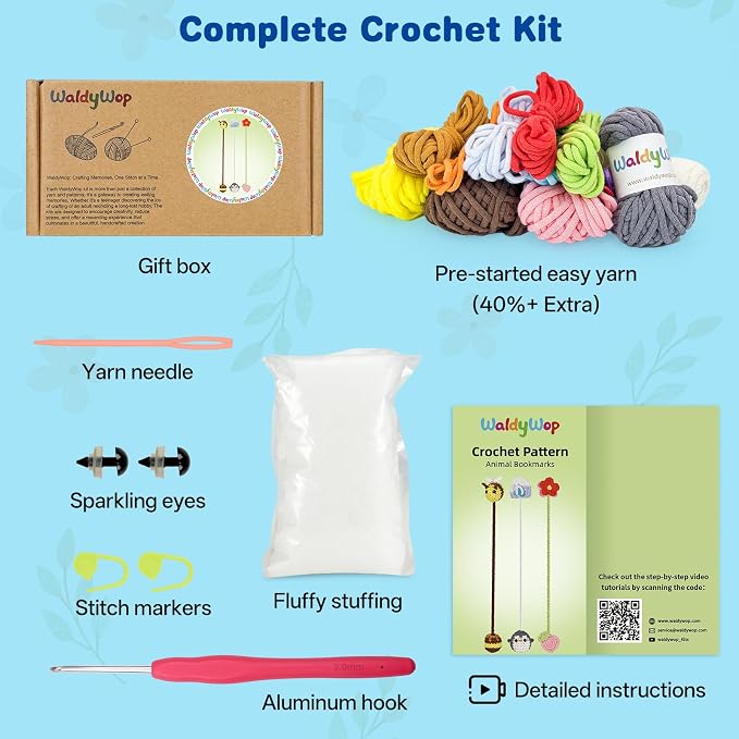 WaldyWop Crochet Kit for Beginners: 3 Animal & Flower Bookmarks Knitting Kits for Starter w/Easy Yarn, Crochet Hook&Easy Video Tutorials-Wobbles Crochet Animal Kit for Adults, Birthday Gifts for Women