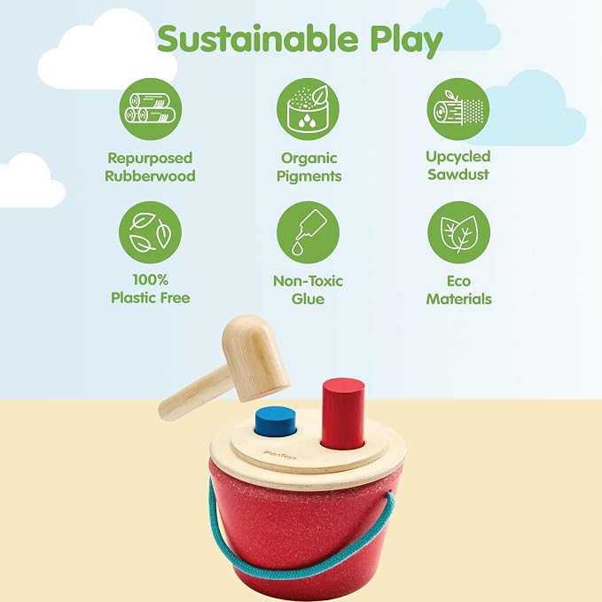 PlanToys® Hammering Peg Bucket | Montessori Wooden Hammering Toy for Toddlers 12M+ | Develops Hand-Eye Coordination, Fine Motor Skills & Problem-Solving | Includes Pegs & Hammer