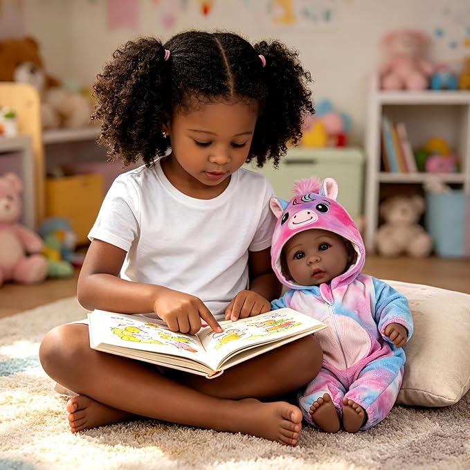 Aori 17 Inch Black Lifelike Baby Dolls Realistic Black Girl Doll with Soft Lightweight Body, Colorful Pony Outfit & Feeding Accessories, for Girls Age 3+