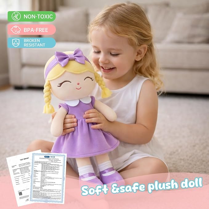 Soft Baby Doll Toys 16inch, Baby Rag Doll for One Year Old Girl Birthday Gift,Princess Style Plush Toys for Toddler Kids Infants (Purple)