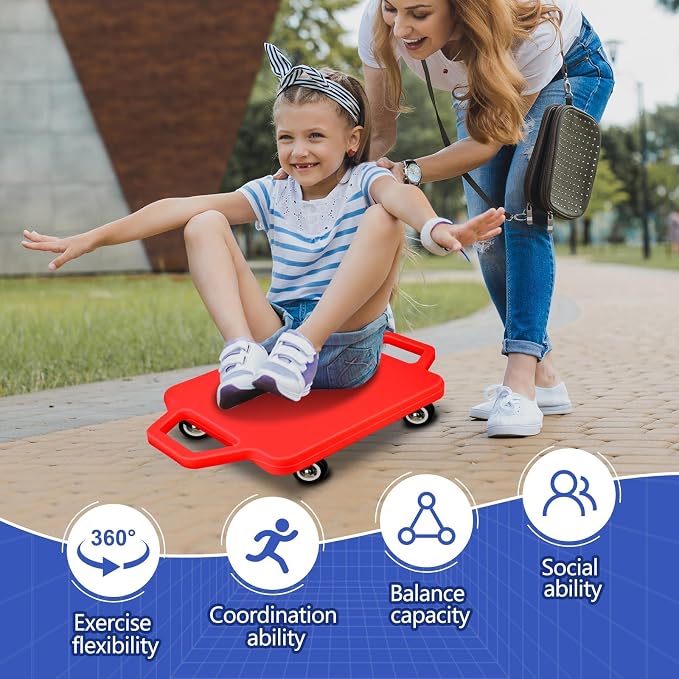 2 Pcs Sports Scooter Board with Handles Colored Floor Sitting Scooter Board with Plastic Casters for Kids Gym Indoor Outdoor Activities Play Equipment