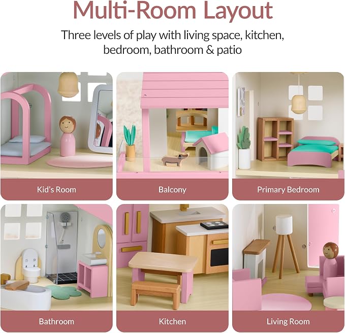 Best Choice Products Modern Wooden Dollhouse for Kids, 3-Story Doll House with 40 Furniture Accessories, Interactive Dollhouse Set with Dolls, Multi-Room Design for Girls & Boys - Pink