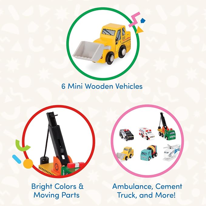 Battat – Wood Cars for Kids – 6 Pieces Toy Vehicle Set – Mini Rescue & Construction Vehicles – Toddler Truck Toys – 3+ Years– Wooden Vehicles Set 1