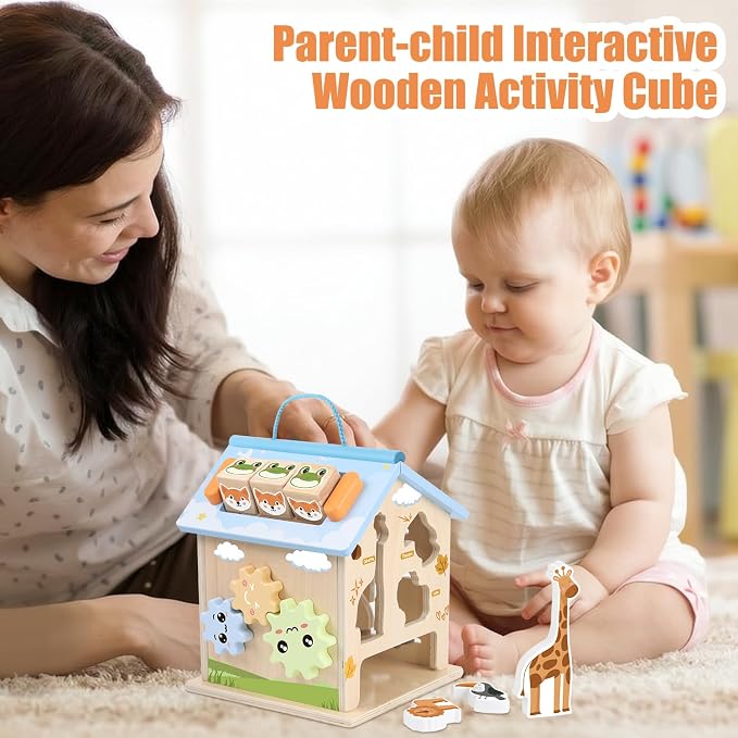 Wooden Activity Cube Montessori Toys for 6 Months Old 1 2 3 Years Toddlers Boys Girls 8-in-1 Baby Activity Center Birthday Gifts Shape Sorter Educational Learning Wood Cube