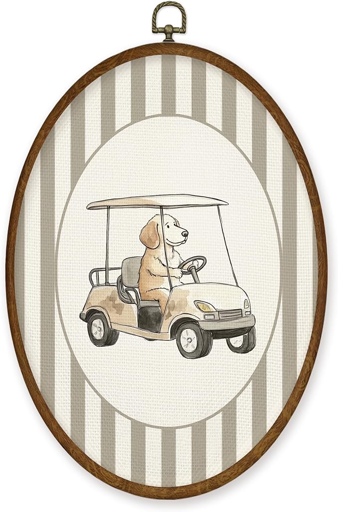 WULQYING Vintage Golden Retriever Golf Cart Wall Art Decor, Nursery Dog Sports Oval Framed Canvas Art Prints, Toddler Striped Sports Wall Hanging Decor for Home Playroom Boys Bedroom, 8.6x11.4 Inches