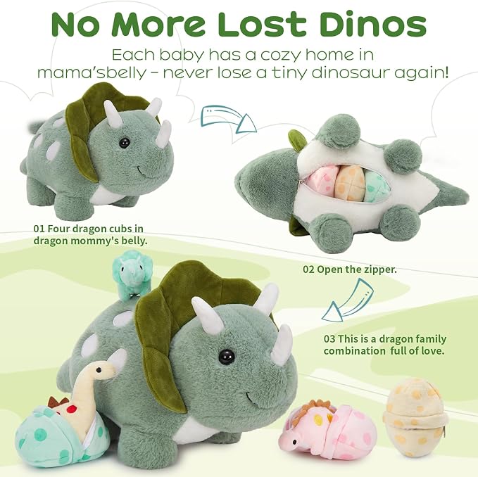 Dinosaur Stuffed Animal Set, 17.6 Inch Green Mommy Dinosaur Plush with 3 Baby Dinosaurs, Triceratops Stegosaurus Diplodocus Plush Toys for Girls Boys Kids, Cute Dino Christmas Birthday Gift