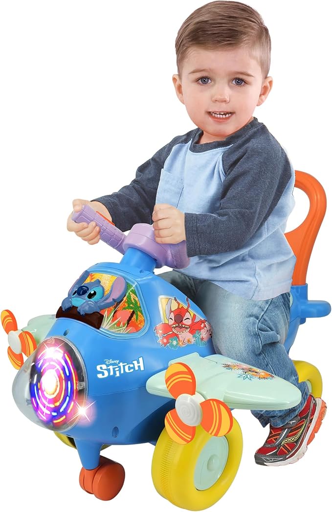 Kiddieland Disney Stitch Lights & Sounds Activity Plane Ride-On, Foot-to-Floor Toy with Interactive Dashboard, Rotating Propellers, Push Handle, for Toddlers 12–36 Months