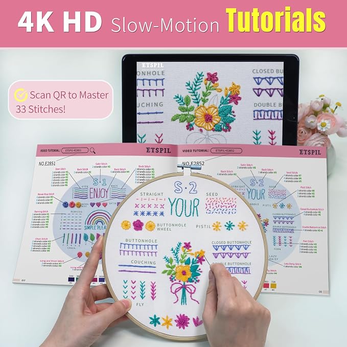 ETSPIL Embroidery Starter Kit for Adults, 3 Simple Patterns to Master 33 Stitches, Easy Step-by-Step 4K HD Video Tutorials & Bound Guide, DIY Craft Gift for Teens