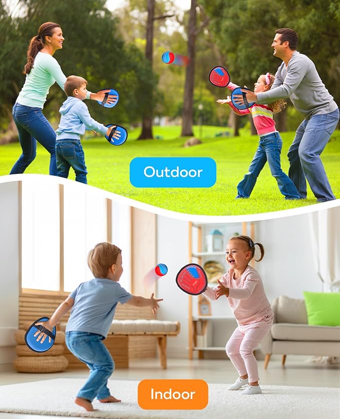 JoyCat Toss and Catch Ball Game for Kids, 4 Paddle Sticky Ball Set, Toddler Baseball Catch Toy, Outdoor Game for Beach, Yard&Camping, Family Sports Easter Basket Stuffer Gift for Boys Girls Ages 3-12