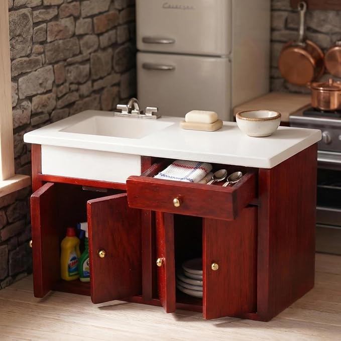 Dollhouse Furniture 1/12 Scale Miniature Sink Cabinet Wooden Bathroom Vanity Cabinet with Openable Drawer and Doors (Red)