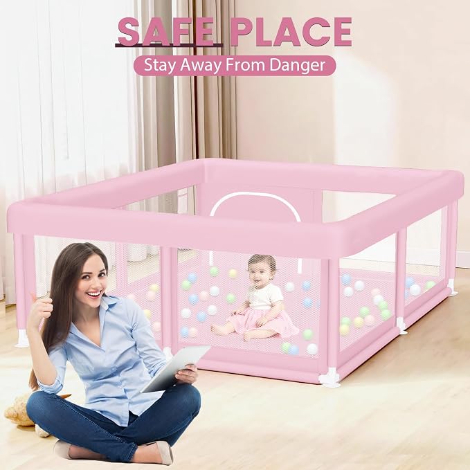 Hiaksedt Large Baby Playpen 50"x50" Baby Girl Play Pen for Babies and Toddlers, Safe Structure and Soft, Skin-Friendly Fabric with Zipper Gates Pink