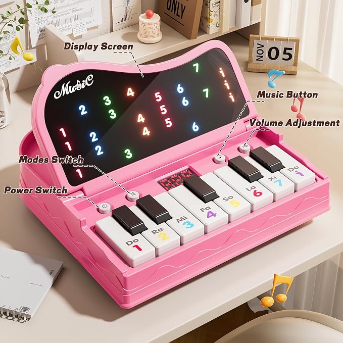 Piano for Kids, Piano Keyboard Learning Toys for Kids Boys Girls Ages 3 4 5 6 7 Year Old, 7 Modes Educational Toy Keyboard Piano with Light-Up Keys, Travel Piano Toy Music Rhythm Machine Birthday Gift