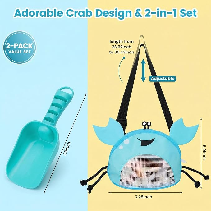 AMOR PRESENT Mesh Baby Beach Bag, Shell Collecting Bag with Shovel Crab-Shaped Adjustable Strap for Holding Shell Sea Pool Sand Toy, Blue