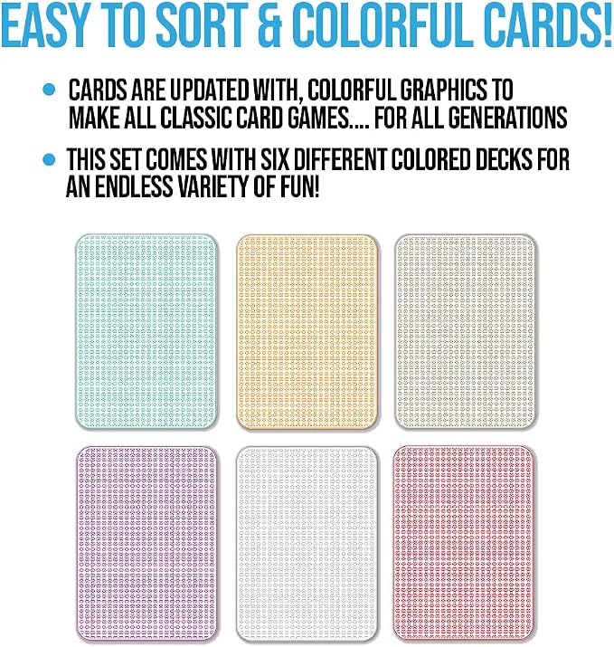 Regal Games Nertz Card Game for Kids & Adults - Decks of Cards 6 Pack - 6 Color Wide-Size Decks & Fun Playing Cards - Deck of Playing Cards for Poker, Solitaire, Blackjack & More