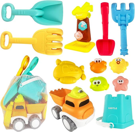 IOKUKI Sand Toys with Mesh Bag Including Dump Truck, Sand Water Wheel, Beach Buckets, Shovels, Rakes, Molds, Outdoor Beach Toys Tool Kit for Kids, Toddlers, Boys and Girls (13 PCS) Age 3+