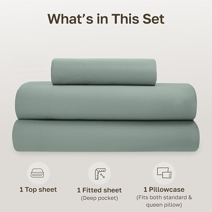 California Design Den Twin Bed Sheets Set - Soft 100% Organic Cotton Percale Sheets, Crisp and Cool, Deep Pockets with Anti-Skid Elastic, Breathable and Durable Bedding Set - Sage Green