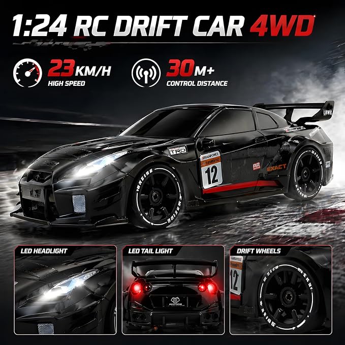 HTURCCOP 1:24 RC Drift 2.4GHz with LED Light Race Car Toys for Boys and Girls Aged 6+ Speed Adjustable up to 23Km/H, High-Speed RC Racing Cars Toy Gift for Boys & Girls (Black)