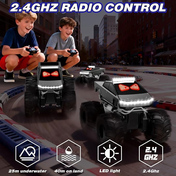 Remote Control Car with LED Dynamic Eyes, 1:18 Amphibious RC Cars, 4WD All Terrain Pickup, 2.4GHz Waterproof Cyber Truck, 360° Rotatable Monster Truck Toys for Boys Birthday Gifts Age 6 7 8 9+(Grey)