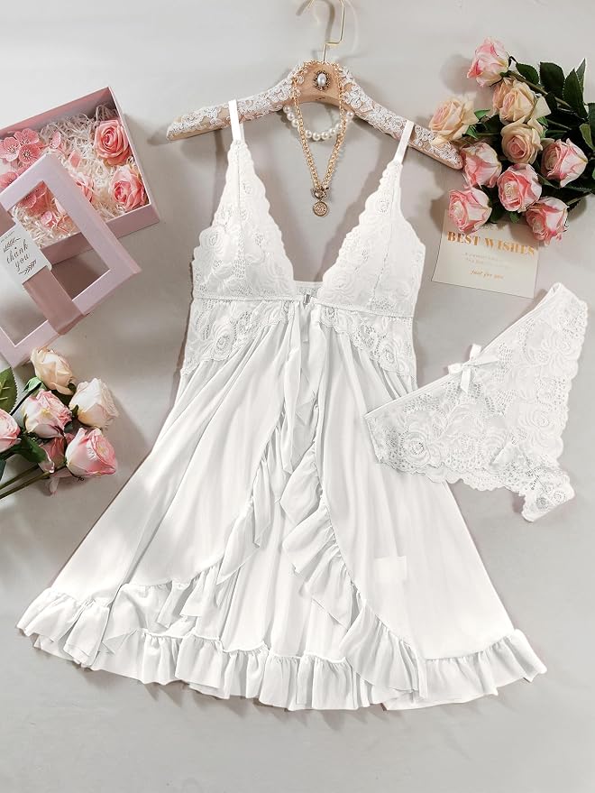 Foxiny Sexy Open Front V Neck Ruffle Sheer Mesh Lace Wireless Babydoll Lingerie Dress with Thong 2 Piece