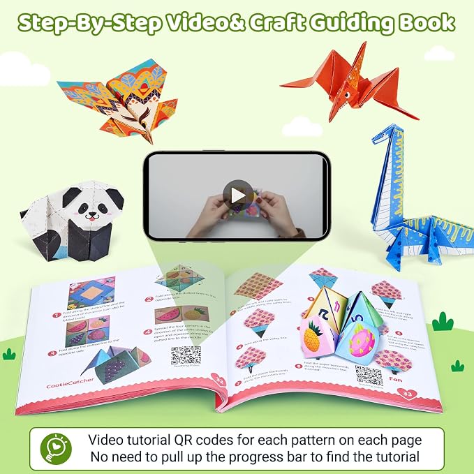 Gamenote Colorful Origami Kit for Kids 72 Projects 180 Double Sided Origami Paper 12 Sheets Practice Papers Instructional Origami Book Origami Gift for 4+ Boys Adult Beginners Training Craft, Dinosaur