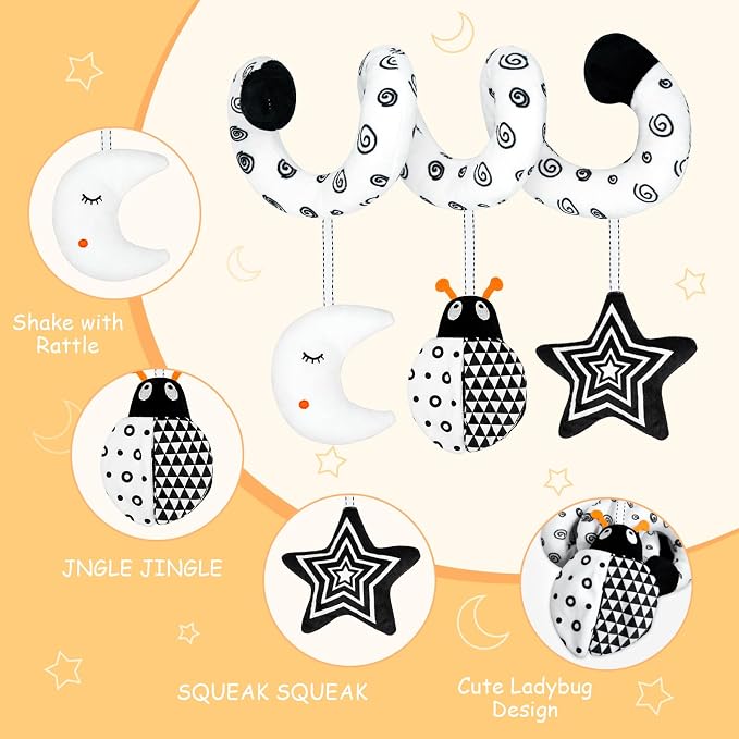 XIXILAND Car Seat Toys for Babies 0-6 Months Boys Girls, Black and White High Contrast Baby Toys 0-3 Months Carseat Toys Hanging, Stroller Newborn Infant Sensory Develpmental Toy for 0-18 Months