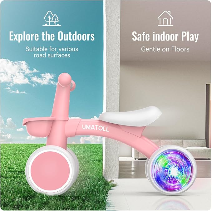 Umatoll Colorful Lighting Baby Balance Bike Toys for 1 Year Old Girl Gifts, Adjustable Seat, First Birthday Gifts, 12-24 Months Toddler Bike, New Pink