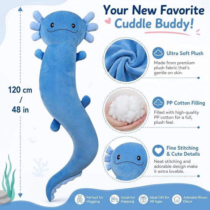 Tianmihou 48 Inch Giant Axolotl Plush Pillow, Big Blue Axolotl Stuffed Animal, Glow in The Dark Salamander Plushie, Soft Large Axolotl Body Pillow, Cute Birthday Gift for Kids Adults