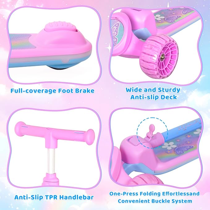 Nattork Kids Scooter for Girls with Light Up Wheels, Deck and Headlight, Wide Anti-Slip Deck and T-bar Handle with Rear Foot Brake, Adjustable Height 3 Wheel Scooter for Kids Ages 3+ and up to 220Lbs