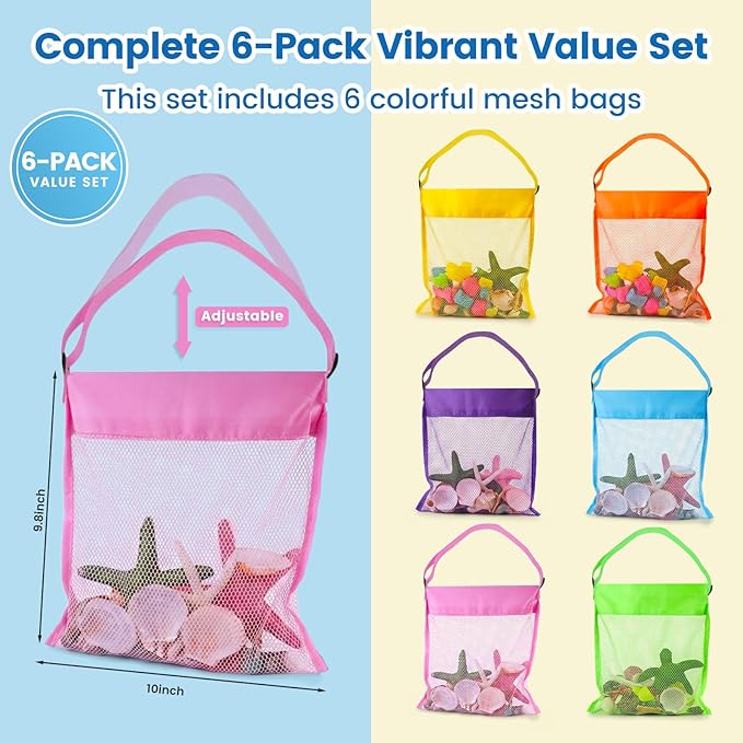 FUTUREPLUSX 6PCS Mesh Beach Bags for Kids, Colorful Small Seashell Collecting Bags Adjustable Strap for Holding Shell Sand Toy