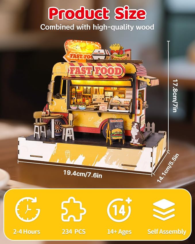 DIY Miniature House Kit Food Cart, DIY Miniature Dollhouse Kit with LED Music Light for Room Bookshelf Decor, Tiny House Crafts for Adults, Birthday for Men Women Teens