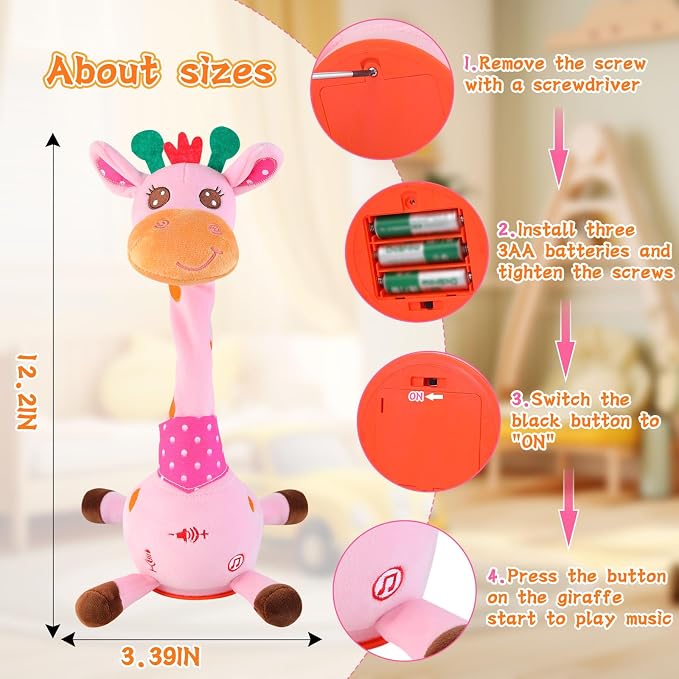LUKETURE Dancing Talking Singing Pink Giraffe Toy Stuffed Plush, Interactive Stuffed Animal Toy, Musical Giraffe Plush with Record & Repeat, Sings 10 Songs, LED Lights
