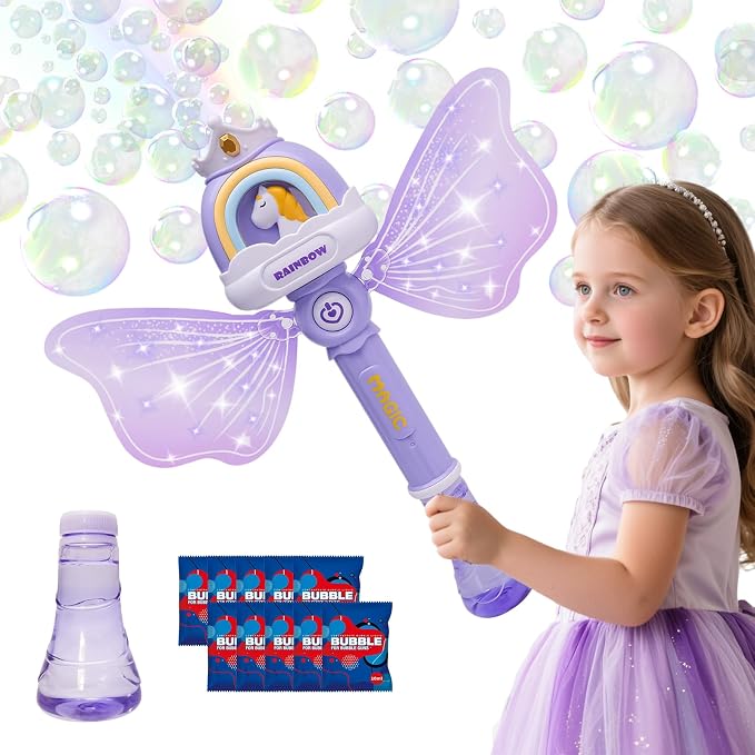 Unicorn Bubble Wands for Kids Girls with Rotating Design, Outdoor Bubble Maker Toys for Kids Ages 3-8, Light Up & Music Fairy Wands, Party Birthday for 3+ Year Old Girls