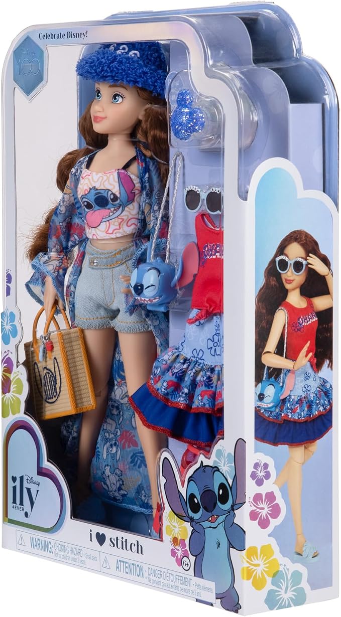 Disney ily 4EVER Dolls Disney 100 - Stitch 11.5" Tall with 13 Points of Articulation, Two Complete Mix-and-Match Outfits and Glittery Mickey Ring for You!