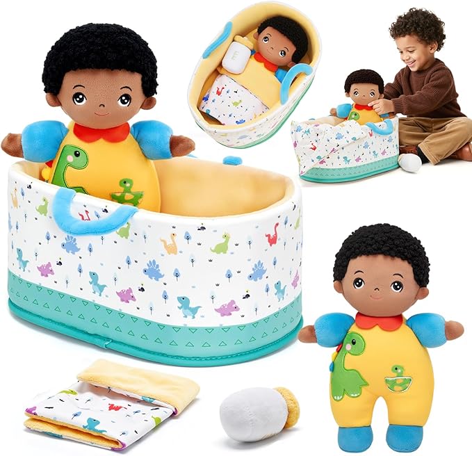 OUOZZZ 10" Soft Black Baby Boy Doll Set, Baby Doll Accessories Pretend Playset for Social Emotional Learning, 2 Year Olds Boy Birthday Gift