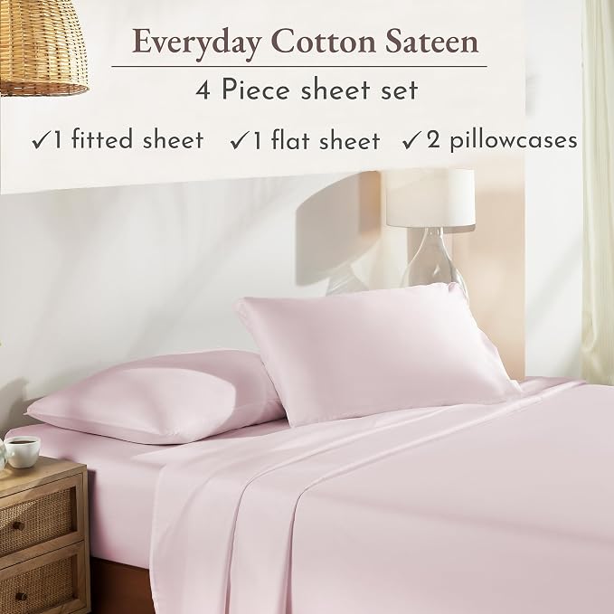 California Design Den Queen Sheet Set - Natural 100% Cotton Bed Sheets Queen Size Bed Set with Deep Pockets, Soft Sateen Weave, Breathable and Durable Bedding (Pink)