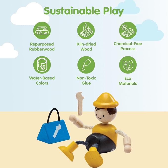PlanToys® Wooden Service Worker Doll | Poseable 1:12 Scale Character Figure with Toolbox for Dollhouse Play, Repair Scenarios & Social Interaction | Eco Friendly Montessori Pretend Play Figure