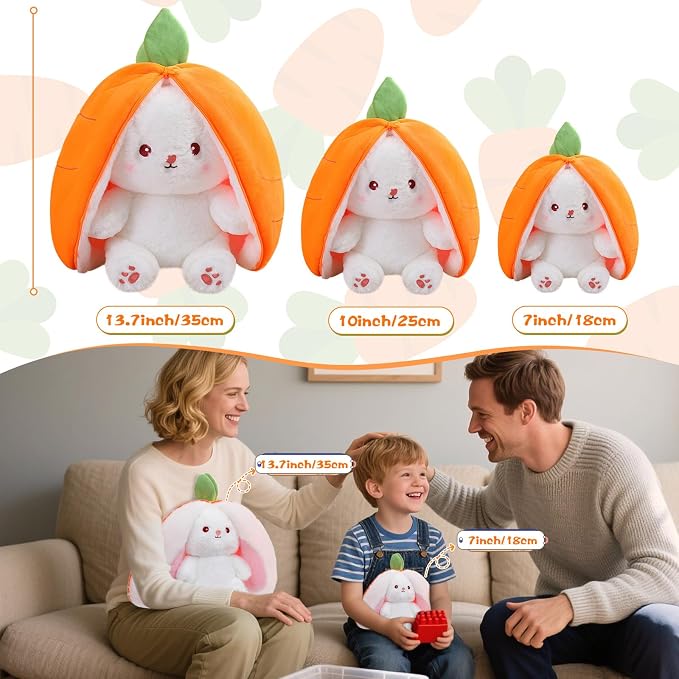 MIAODAM Cuddly Bunny Stuffed Animal, Kawaii Squishy Cute Easter Bunny Plush Turn Into Rabbit Fruit Doll Carrot Strawberry, Plushies Funny Bunny Toy for Kid (Carrot Rabbit, 10inch)