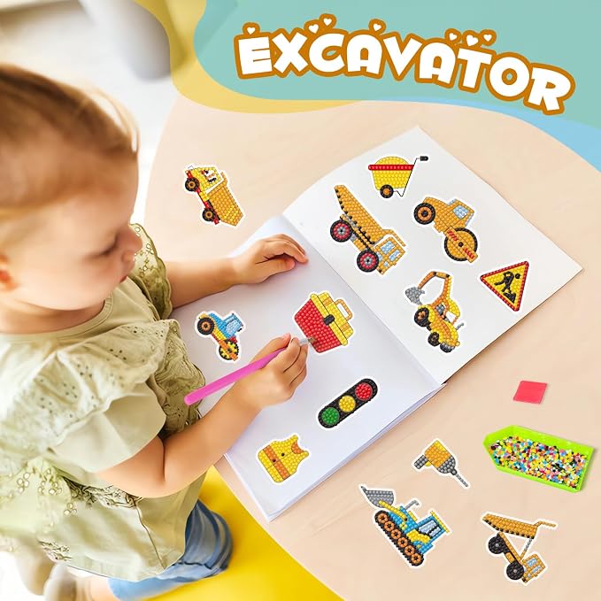 Labeol Diamond Art Kits for Kids Boys and Girls Ages 6-8-10-12 Easy to DIY Creative Diamond Art Sticker Craft by Numbers Kits for Kids and Adult Beginners (Engineering Vehicles)