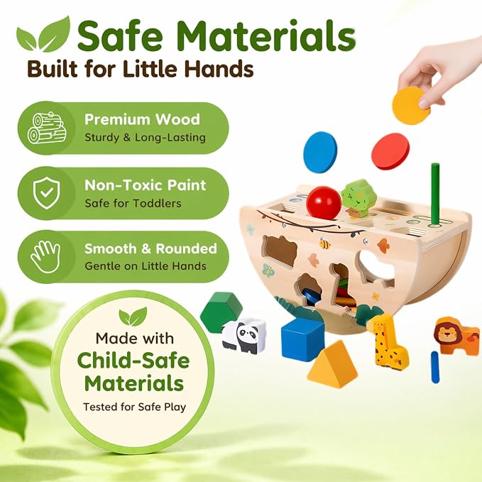 Montessori Busy Box for Toddlers 1-3, Wooden Object Permanence Coin Box with Shape Sorter & Animal Matching, Fine Motor Sensory Learning Toy with Wobble Base, Gift for 1 2 3 Year Old