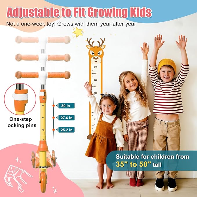 Kick Scooter for Kids Ages 3-7, Three Wheel Toddler Scooter with Handlebar Steering(No Lean),Height Adjustable, Light Up Rear Wheels, Indoor Outdoor Toy for Girls Boys, Holiday Birthday Gift
