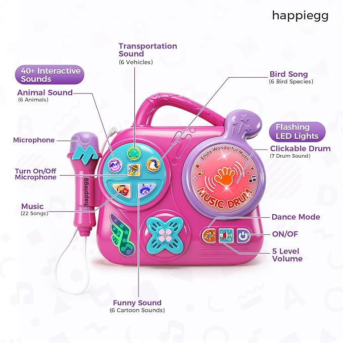 Kids Karaoke Machine with Microphone: Toddler Music Player & Light-Up Drum - Sound Toy with Handle for Boys Girls 3+, Pink