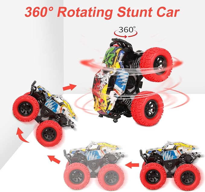M SANMERSEN Monster Truck Toys for Kids, Friction Cars for Toddlers Push and Go 360° Rotating Stunt Car for 3+ Year Old Boys Girls Gifts (2 Pack - Red and Yellow)