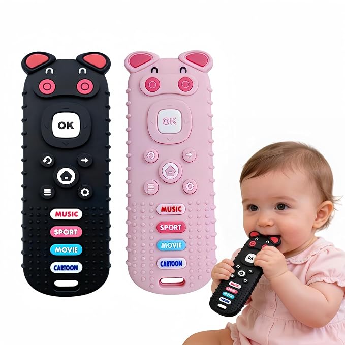 2Pcs Baby Teething Toys, BPA-Free Food Grade Silicone Baby Remote Control Teething Toy for 3-18 Months, Baby Remote Teether, Newborn Teething Relief TV Remote Pig Shaped Toy (Pig Black&Pink)