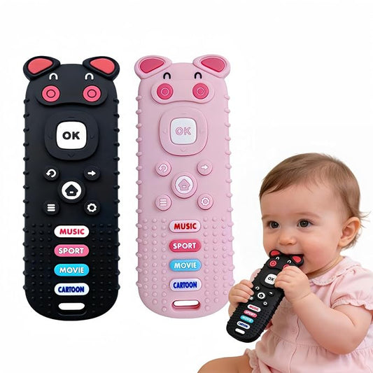 2Pcs Baby Teething Toys, BPA-Free Food Grade Silicone Baby Remote Control Teething Toy for 3-18 Months, Baby Remote Teether, Newborn Teething Relief TV Remote Pig Shaped Toy (Pig Black&Pink)