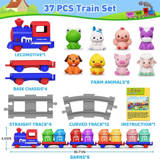 Train Set for Toddlers 2-4, Electric Toddler Train Set with Farm Animals, Music & Lights, Montessori Counting & Sorting Learning Toy, Birthday Easter for Boys Girls (Blue)