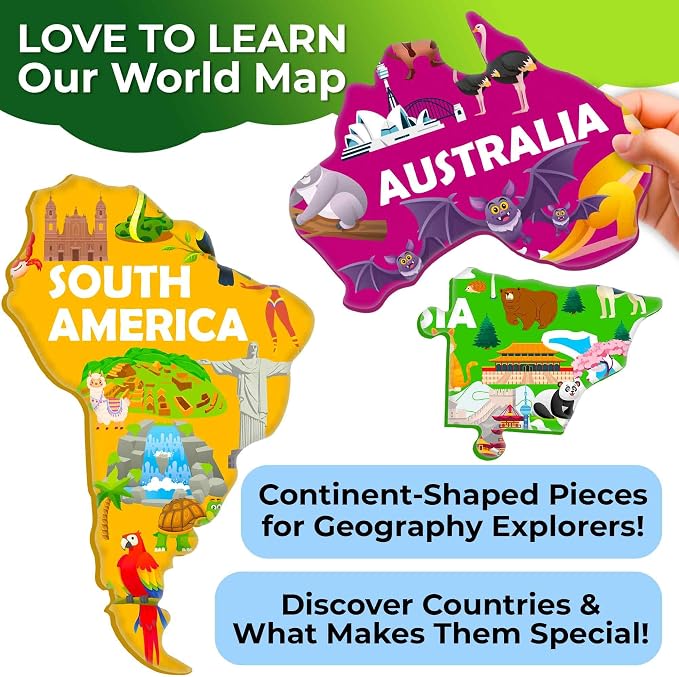 QUOKKA World Map Puzzles for Kids Ages 8-10 - 70 Pcs Jigsaw Floor Puzzles for Kids Ages 6-8 Year Old - Includes 50 Cards with 400+ Fun Facts - Continent Shaped Educational Gift for Girl and Boy 4-8